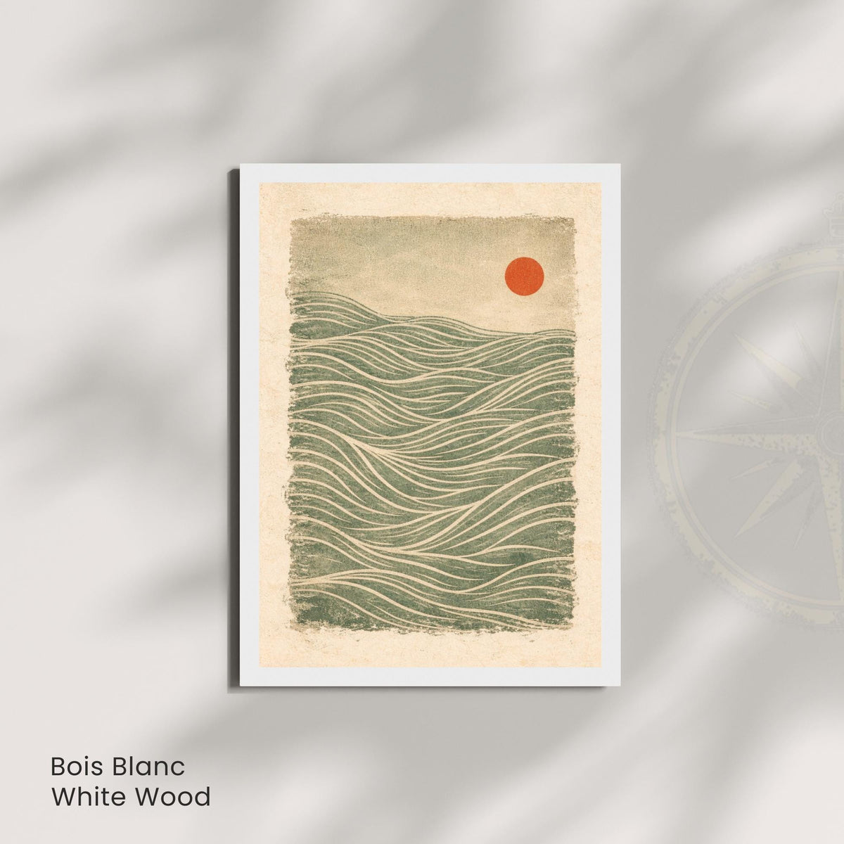 Vintage Japanese wave wall art unframed, green red sun golden lines textured print