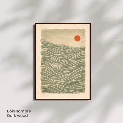 Vintage Japanese wave wall art unframed, green red sun golden lines textured print