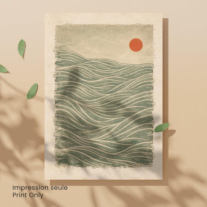 Vintage Japanese wave wall art unframed, green red sun golden lines textured print