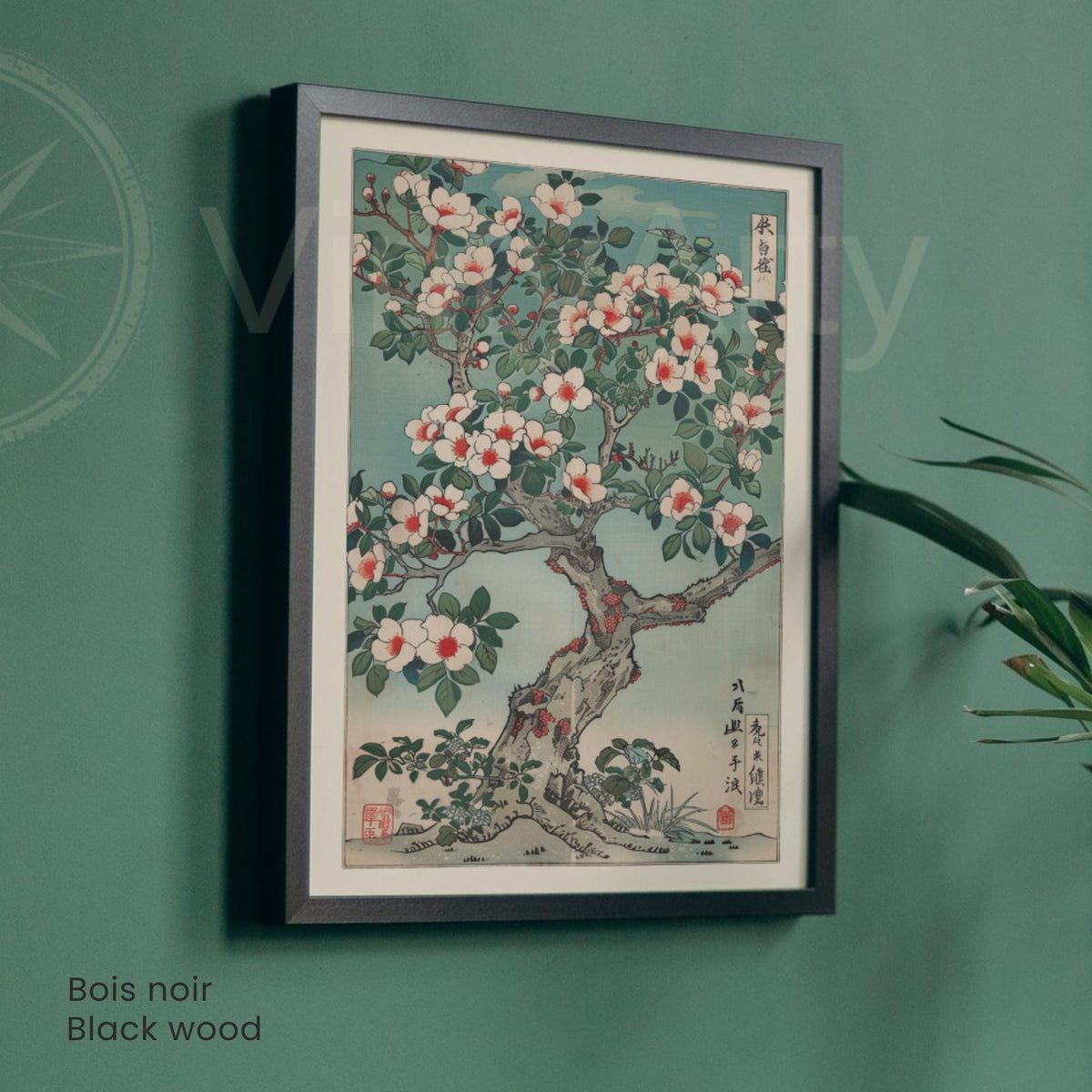 Japanese camellia poster, old flowering tree calligraphy red seals, natural wood frame ukiyo-e decor