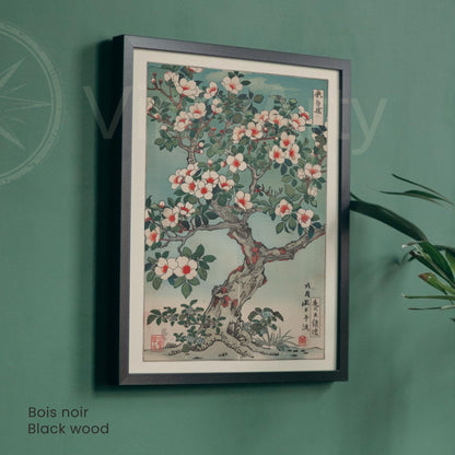 Japanese camellia poster, old flowering tree calligraphy red seals, natural wood frame ukiyo-e decor
