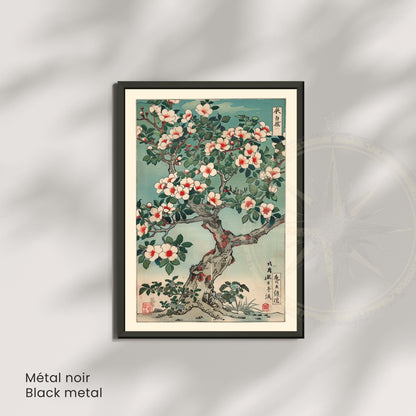 Affiche camélia japonais en fleurs, art mural estampe ukiyo-e botanique vintage