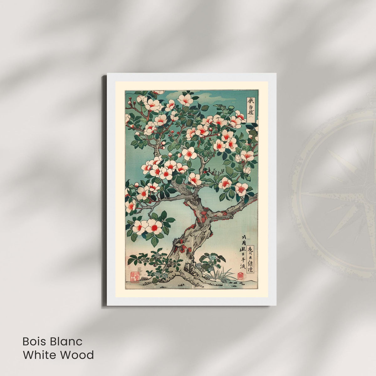 Affiche camélia japonais en fleurs, art mural estampe ukiyo-e botanique vintage