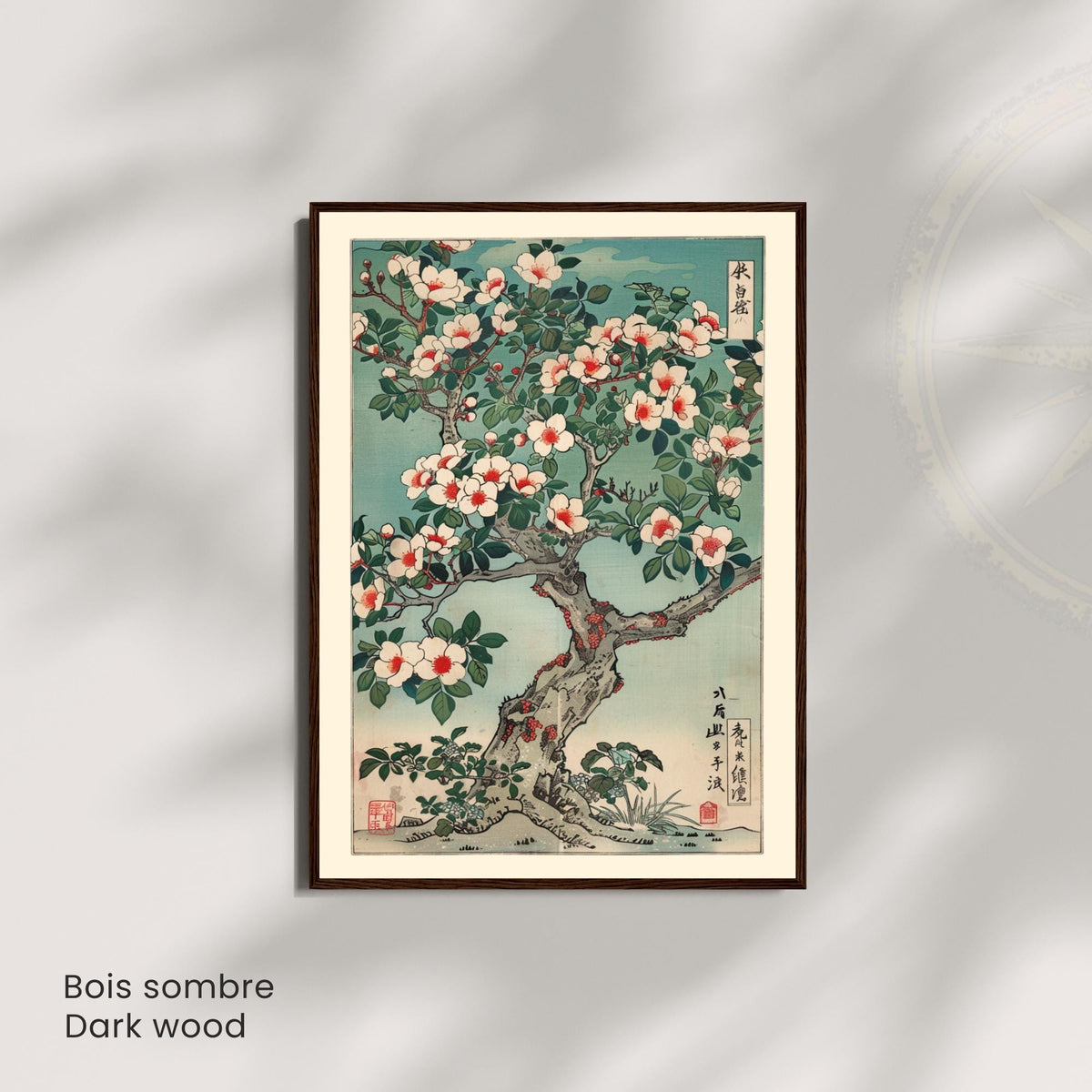 Ukiyo-e camellia wall art unframed, Japanese white red flowers vintage botanical print