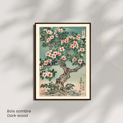 Ukiyo-e camellia wall art unframed, Japanese white red flowers vintage botanical print