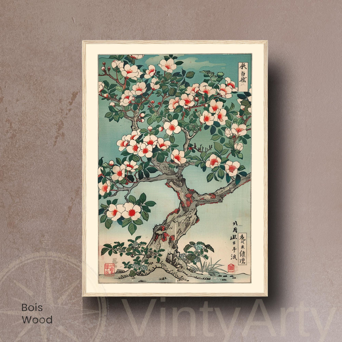 Affiche camélia japonais en fleurs, art mural estampe ukiyo-e botanique vintage