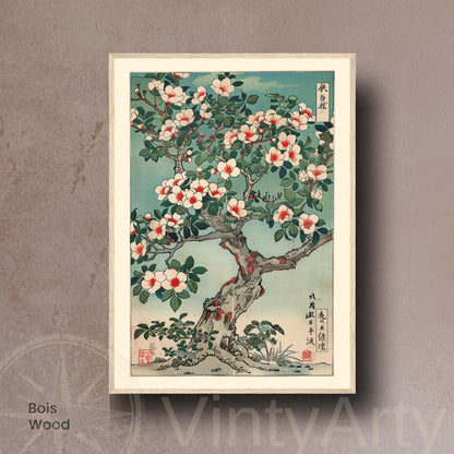 Affiche camélia japonais en fleurs, art mural estampe ukiyo-e botanique vintage