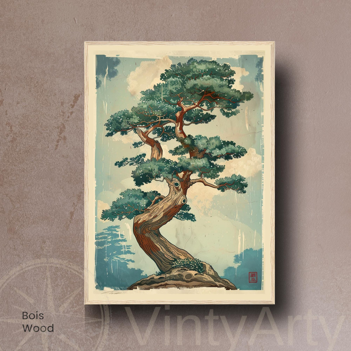 Affiche bonsaï pin japonais, art mural estampe vintage zen nature