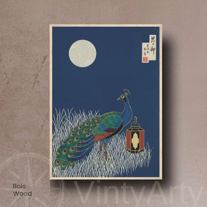 Affiche paon sous la lune, lanterne japonaise, poster vintage bleu nuit