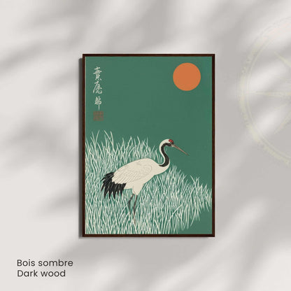 Affiche grue japonaise herbes lune orange, art mural estampe vert forêt zen