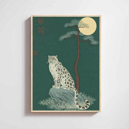 Affiche panthère des neiges sous la lune, poster vintage vert émeraude, art mural animalier