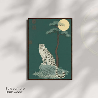 Affiche panthère des neiges sous la lune, poster vintage vert émeraude, art mural animalier
