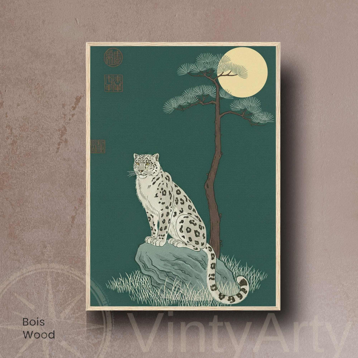 Affiche panthère des neiges sous la lune, poster vintage vert émeraude, art mural animalier
