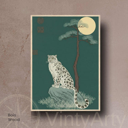 Affiche panthère des neiges sous la lune, poster vintage vert émeraude, art mural animalier