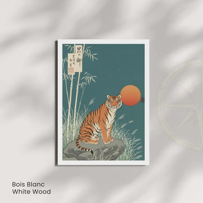 Affiche tigre japonais bambou lune orange, art mural estampe vert sarcelle zen