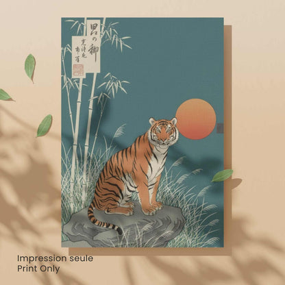 Affiche tigre japonais bambou lune orange, art mural estampe vert sarcelle zen