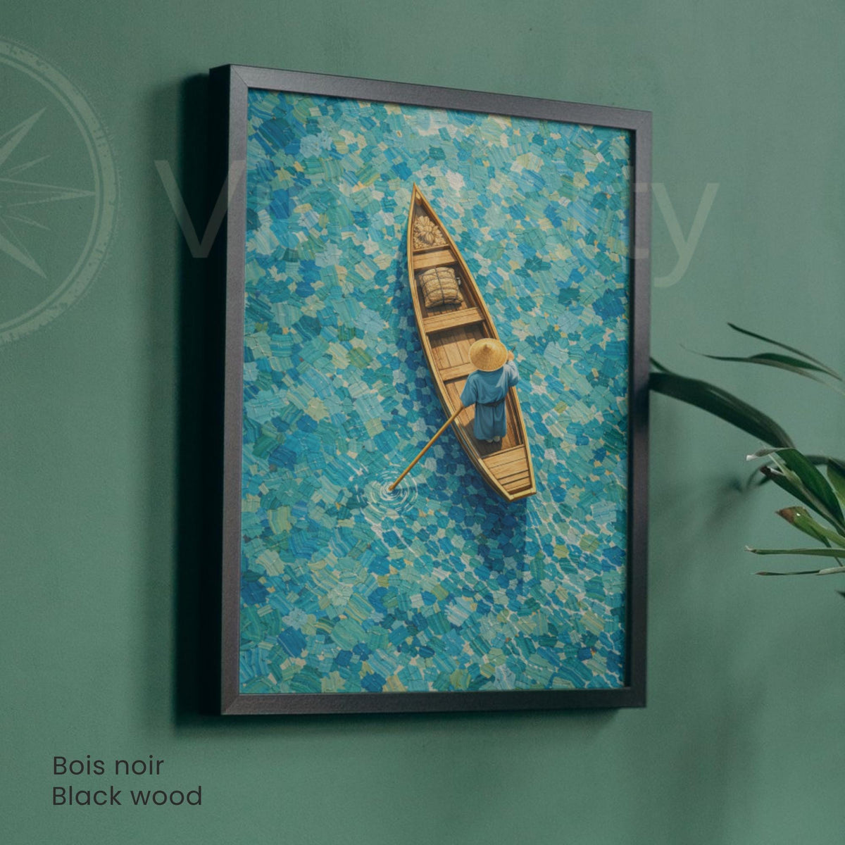 Affiche barque vue du ciel eau turquoise, art mural mosaïque asiatique zen