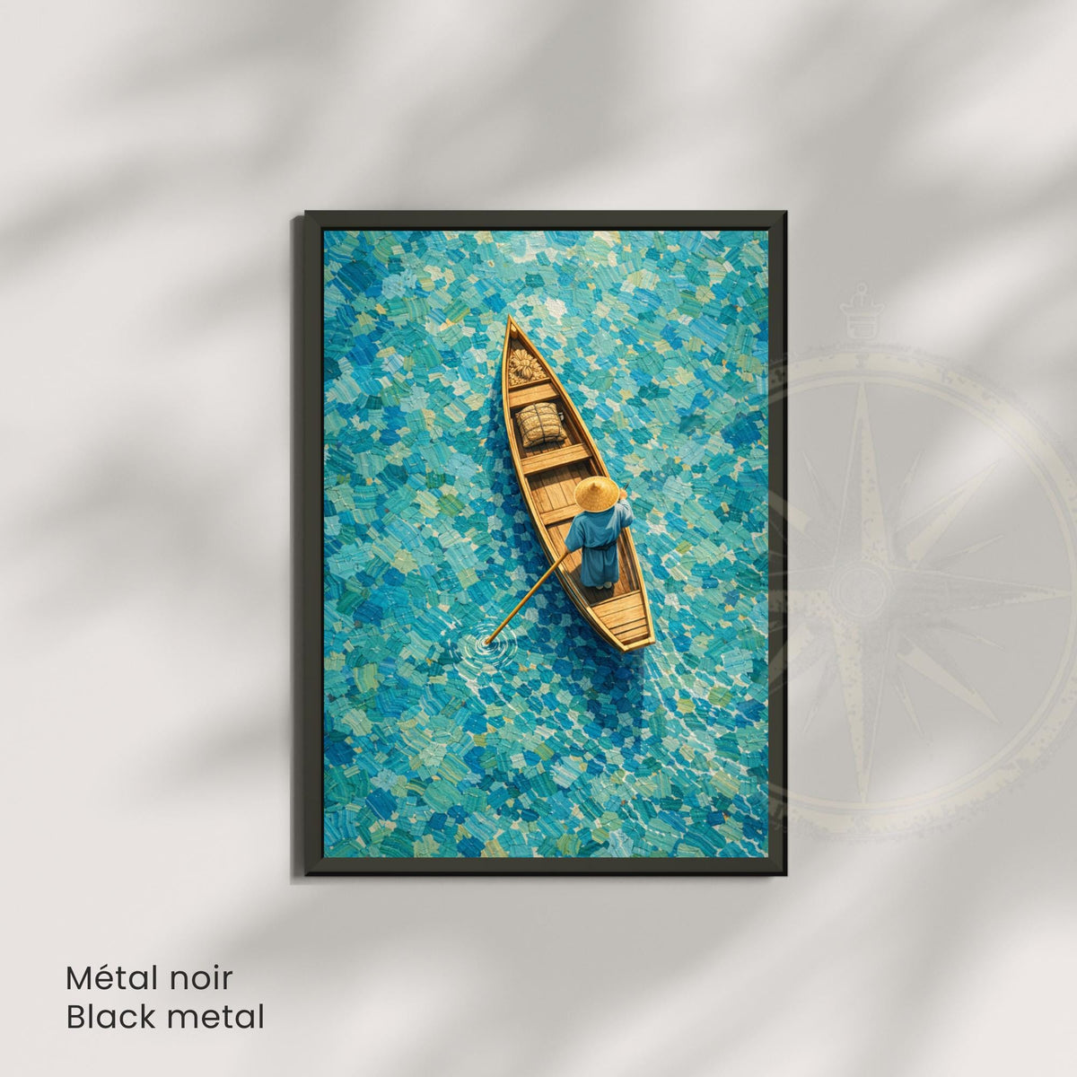 Affiche barque vue du ciel eau turquoise, art mural mosaïque asiatique zen
