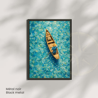 Affiche barque vue du ciel eau turquoise, art mural mosaïque asiatique zen