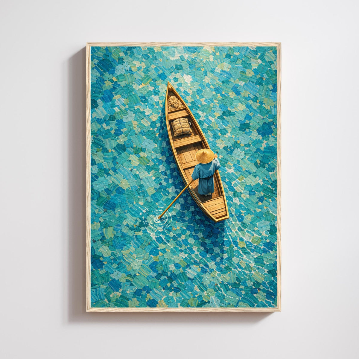 Affiche barque vue du ciel eau turquoise, art mural mosaïque asiatique zen