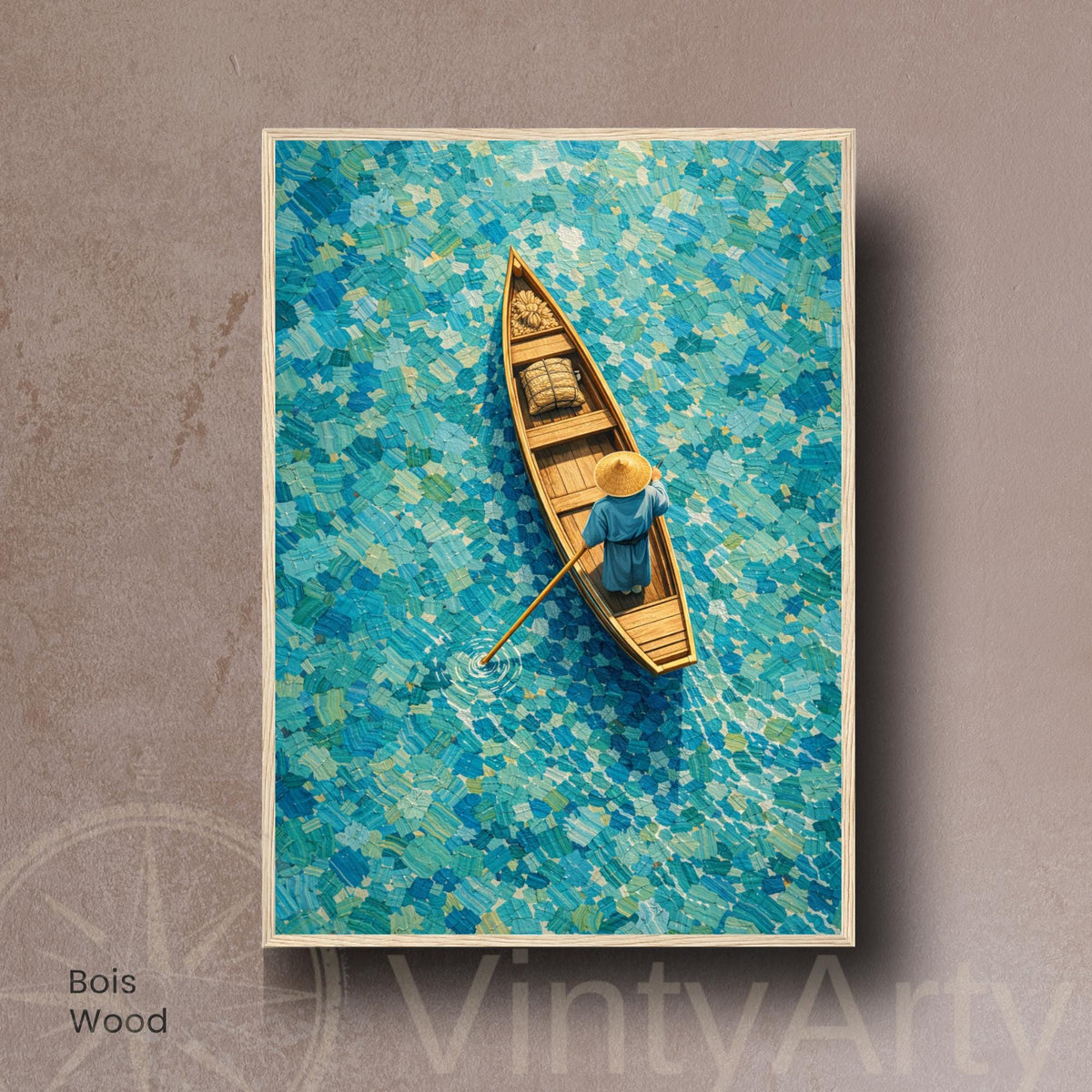 Affiche barque vue du ciel eau turquoise, art mural mosaïque asiatique zen