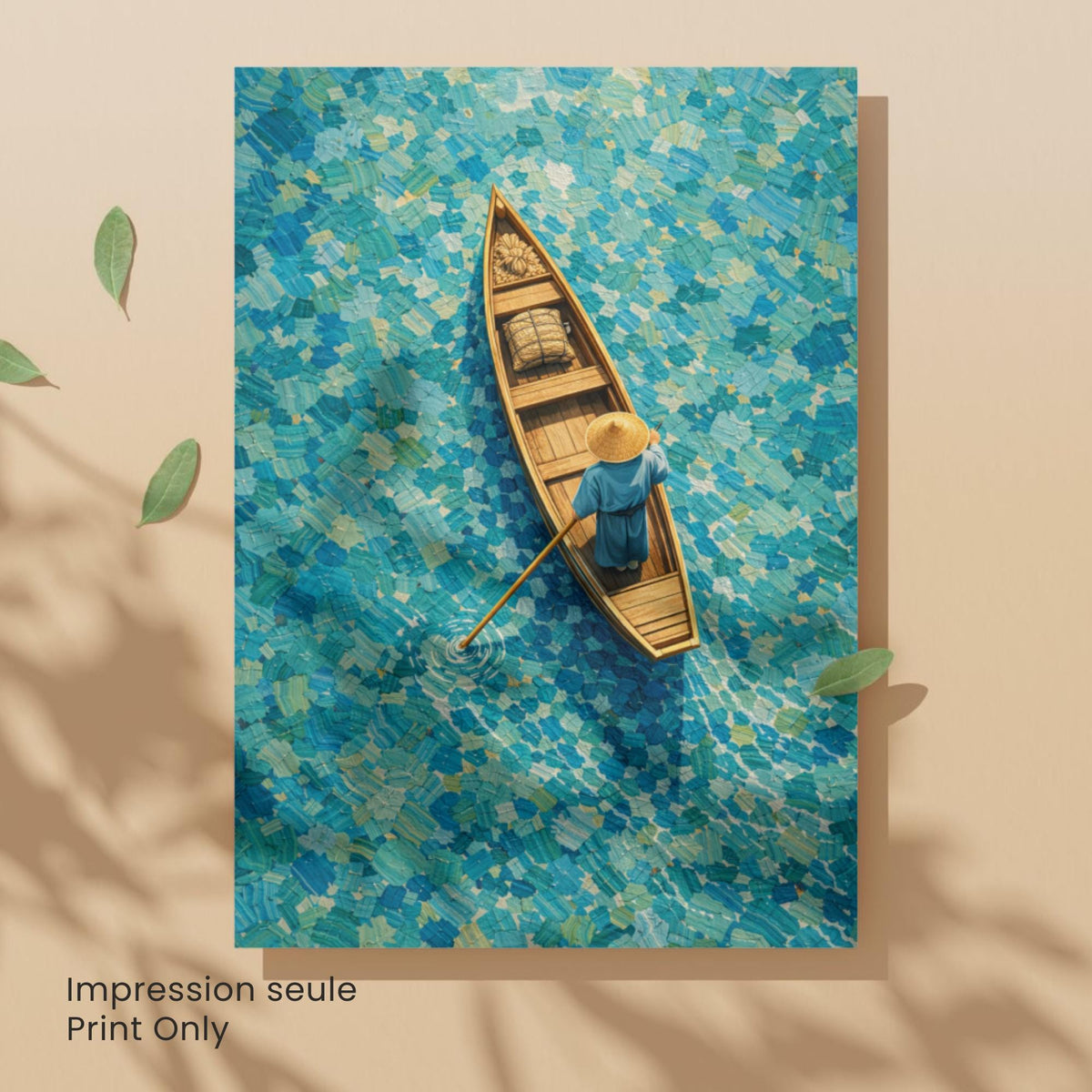 Affiche barque vue du ciel eau turquoise, art mural mosaïque asiatique zen