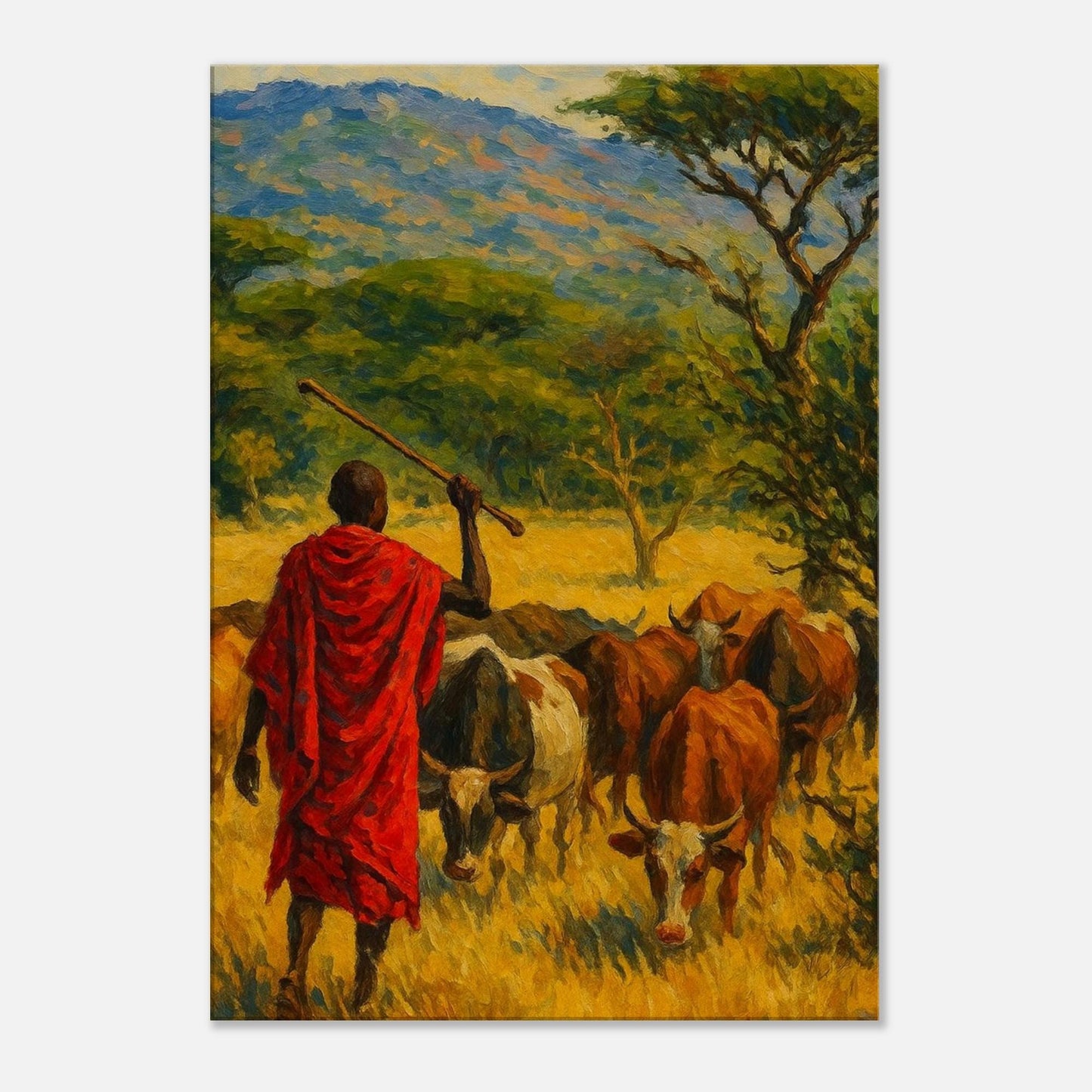 Tableau Déco Berger Maasai, Toile Savane Africaine, Art Mural Impressionniste Tons Chauds, Décoration Salon Grand Format, Cadeau Crémaillère