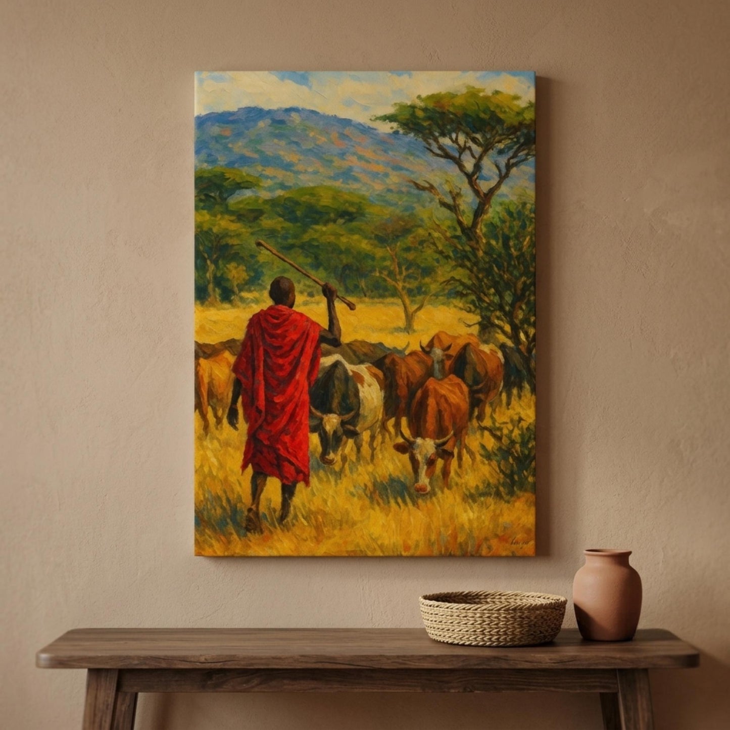 Tableau sur toile d'un berger maasai en shuka rouge menant son troupeau à travers la savane dorée, style impressionniste, accroché au-dessus d'une console en bois brut avec panier tressé et vase en terre cuite sur un mur beige.