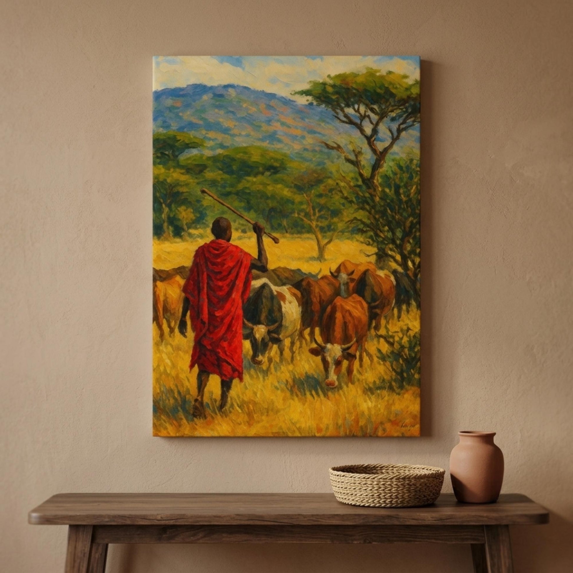 Tableau sur toile d'un berger maasai en shuka rouge menant son troupeau à travers la savane dorée, style impressionniste, accroché au-dessus d'une console en bois brut avec panier tressé et vase en terre cuite sur un mur beige.