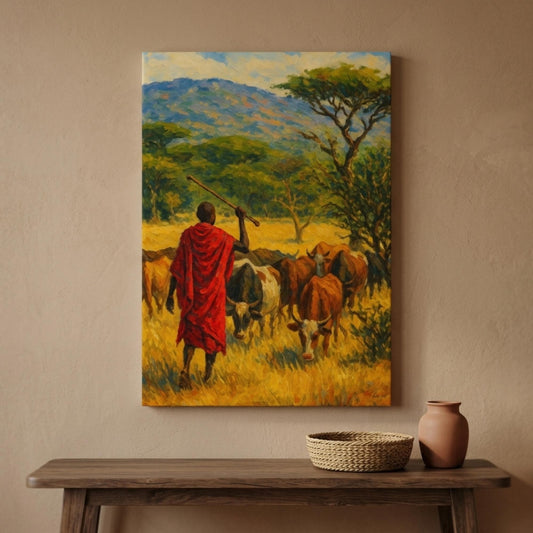 Tableau sur toile d'un berger maasai en shuka rouge menant son troupeau à travers la savane dorée, style impressionniste, accroché au-dessus d'une console en bois brut avec panier tressé et vase en terre cuite sur un mur beige.