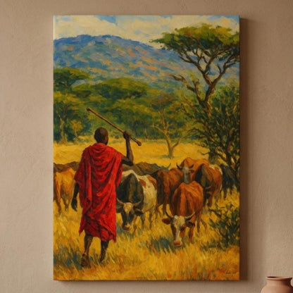 Canvas wall art of a Maasai herder in a red shuka leading cattle through golden savanna grass, impressionist style, hung above a rustic wood console with a woven basket and terracotta vase on a beige wall.