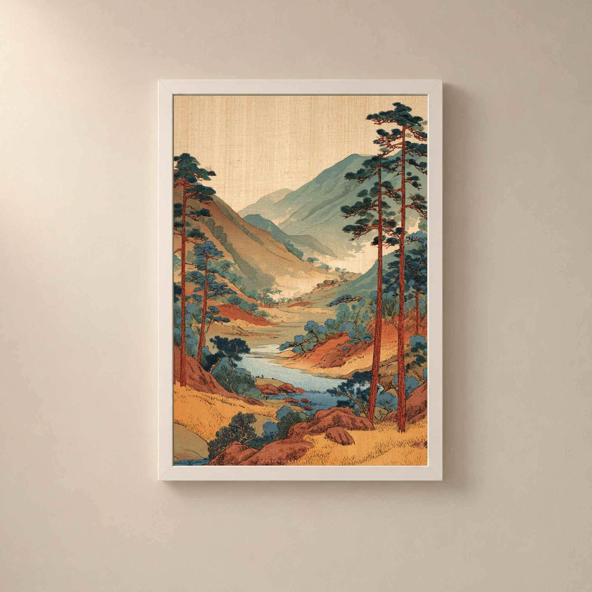 Affiche paysage japonais vallée et pins, art mural ukiyo-e vintage, estampe rivière