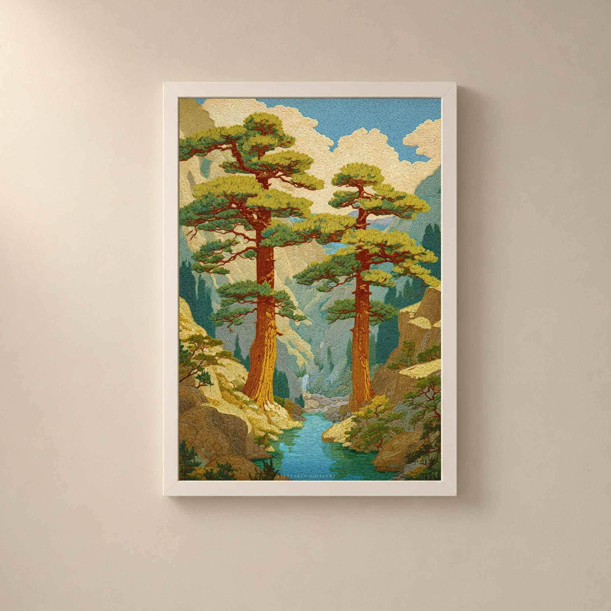 Affiche pins japonais et gorge, art mural paysage ukiyo-e, estampe rivière turquoise
