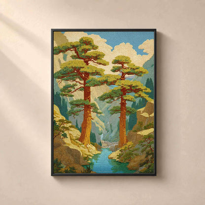 Affiche pins japonais et gorge, art mural paysage ukiyo-e, estampe rivière turquoise