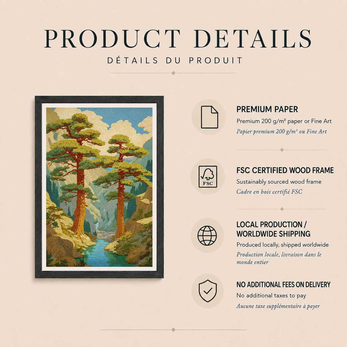 Affiche pins japonais et gorge, art mural paysage ukiyo-e, estampe rivière turquoise