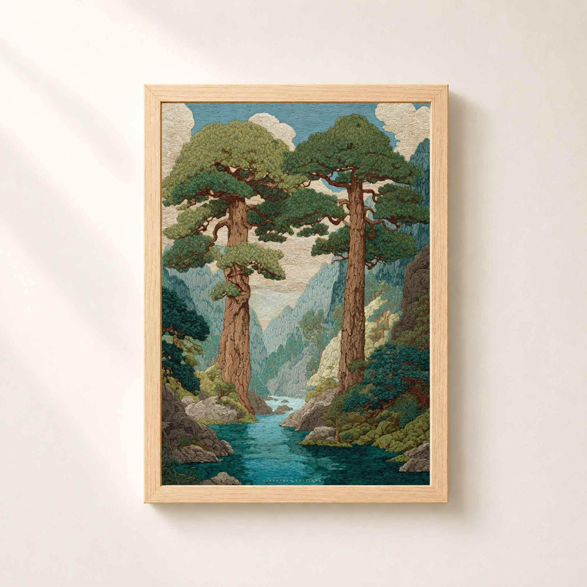 Affiche pins japonais et rivière, art mural style tapisserie, paysage forêt vallée