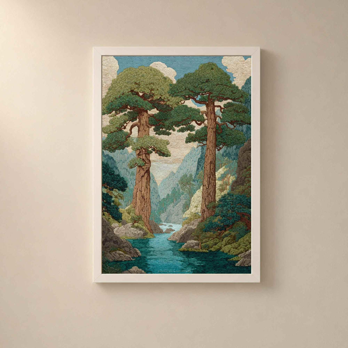 Affiche pins japonais et rivière, art mural style tapisserie, paysage forêt vallée