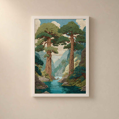 Affiche pins japonais et rivière, art mural style tapisserie, paysage forêt vallée