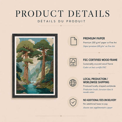 Affiche pins japonais et rivière, art mural style tapisserie, paysage forêt vallée