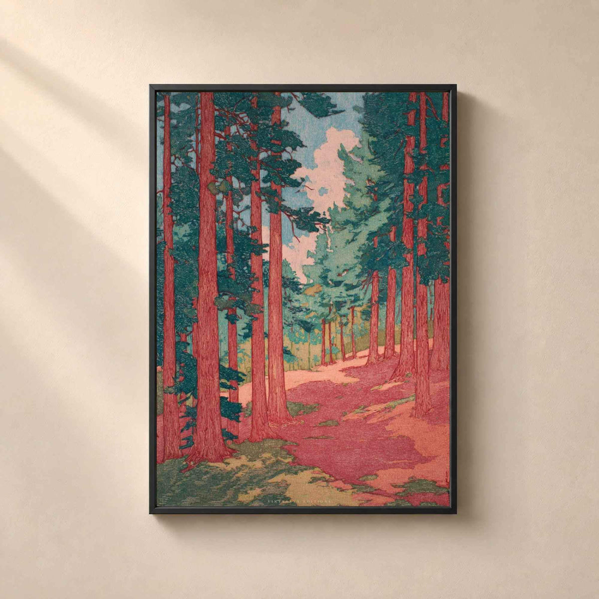 Affiche forêt de pins japonaise, art mural estampe shin-hanga, sentier rose et vert