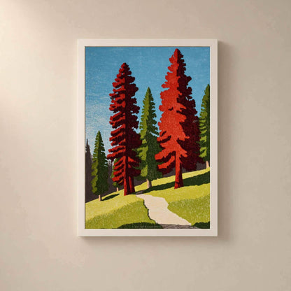 Affiche forêt de séquoias, art mural estampe block print, sentier pins rouges nature