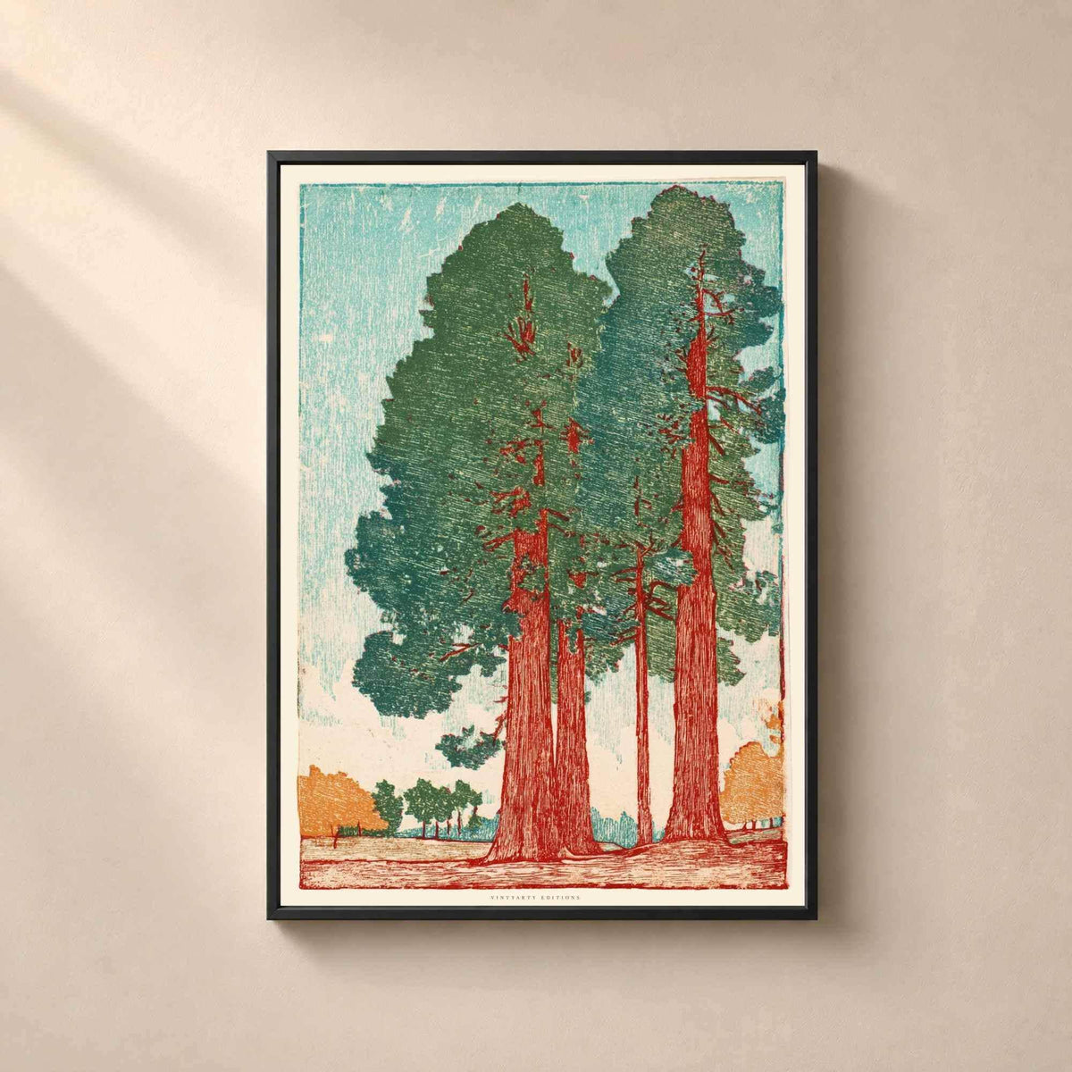 Affiche séquoias géants vintage, art mural estampe sur bois, forêt verte et rouille