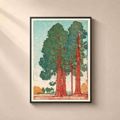 Affiche séquoias géants vintage, art mural estampe sur bois, forêt verte et rouille