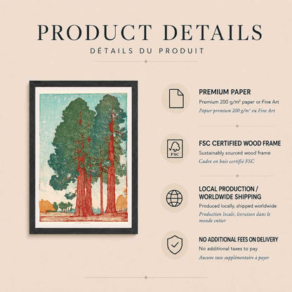Affiche séquoias géants vintage, art mural estampe sur bois, forêt verte et rouille