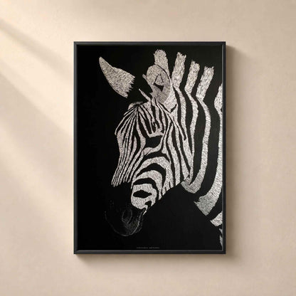 Affiche zèbre noir et blanc, art mural portrait animal, dessin au trait fond noir