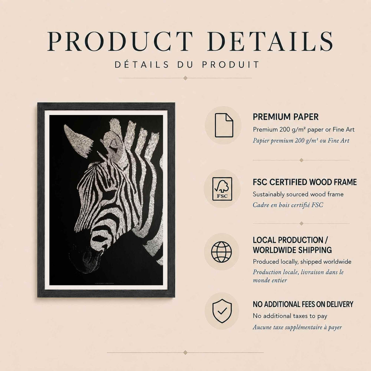 Affiche zèbre noir et blanc, art mural portrait animal, dessin au trait fond noir