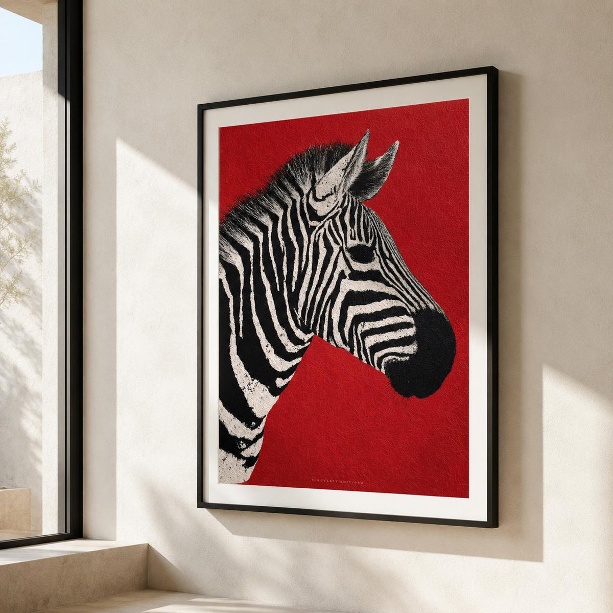 Affiche zèbre fond rouge, art mural portrait animal, déco contemporaine audacieuse