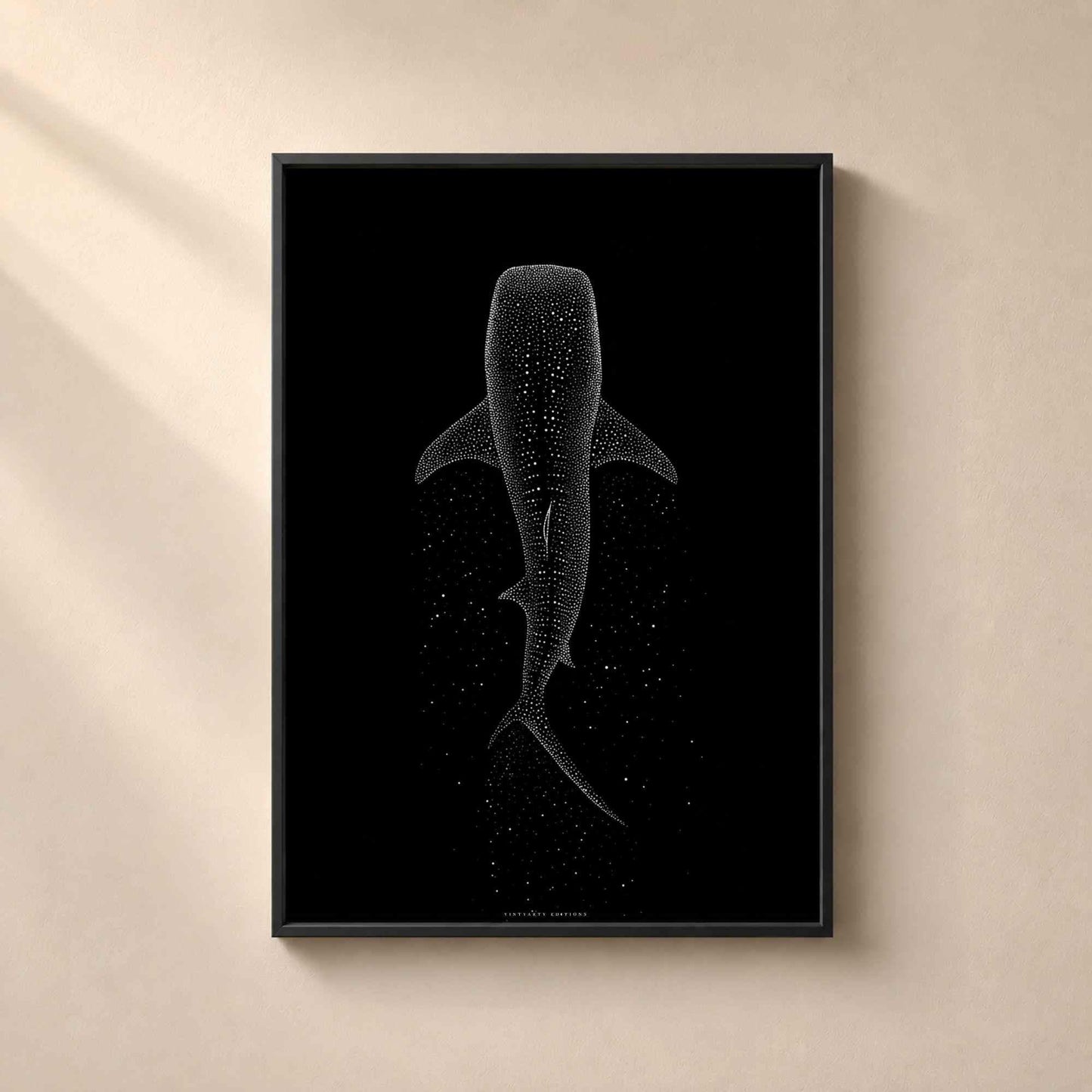 Affiche requin baleine, art mural océan minimaliste, pointillisme blanc sur noir