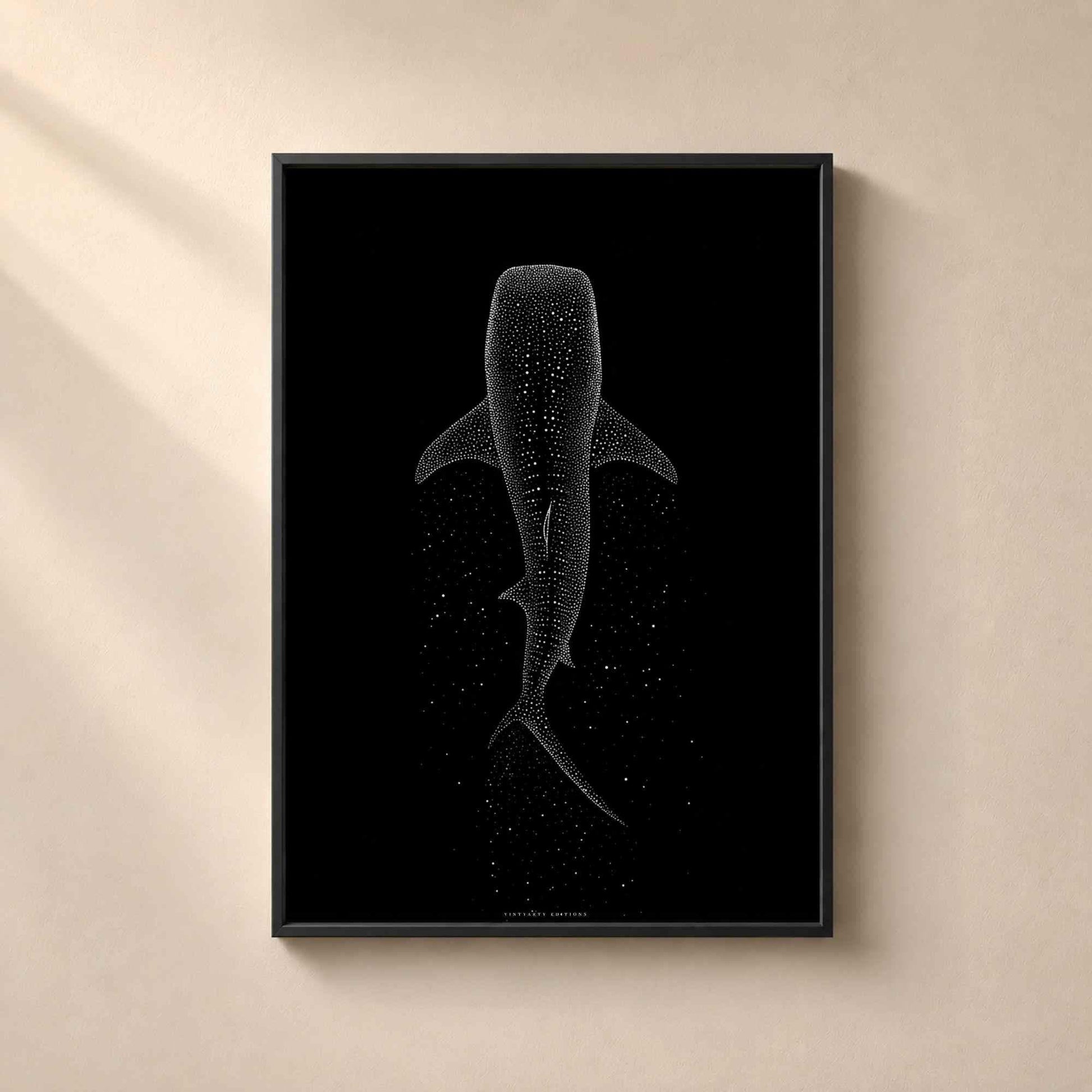 Affiche requin baleine, art mural océan minimaliste, pointillisme blanc sur noir