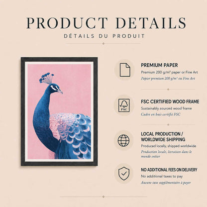 Affiche paon bleu fond rose, art mural oiseau élégant, illustration déco eclectic chic